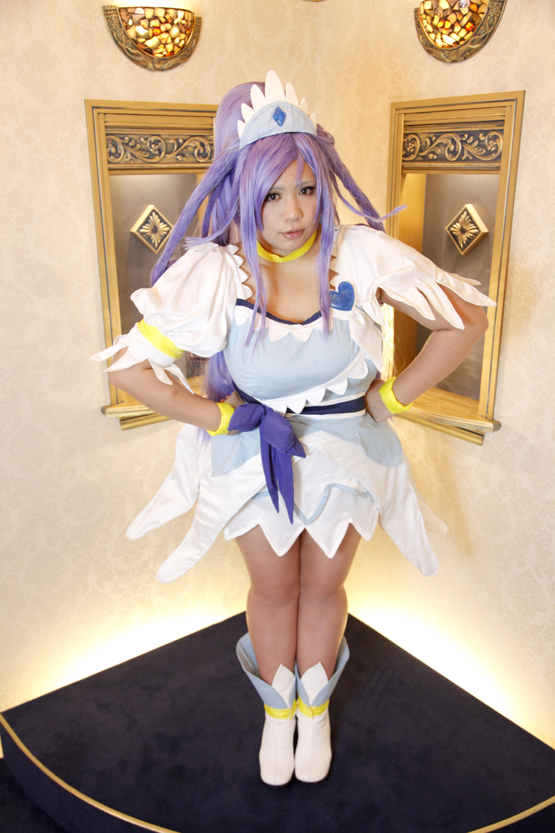 boots breasts chouzuki_maryou cosplay dress female high_heels huge_breasts long_hair purple_hair solo tiara watermark