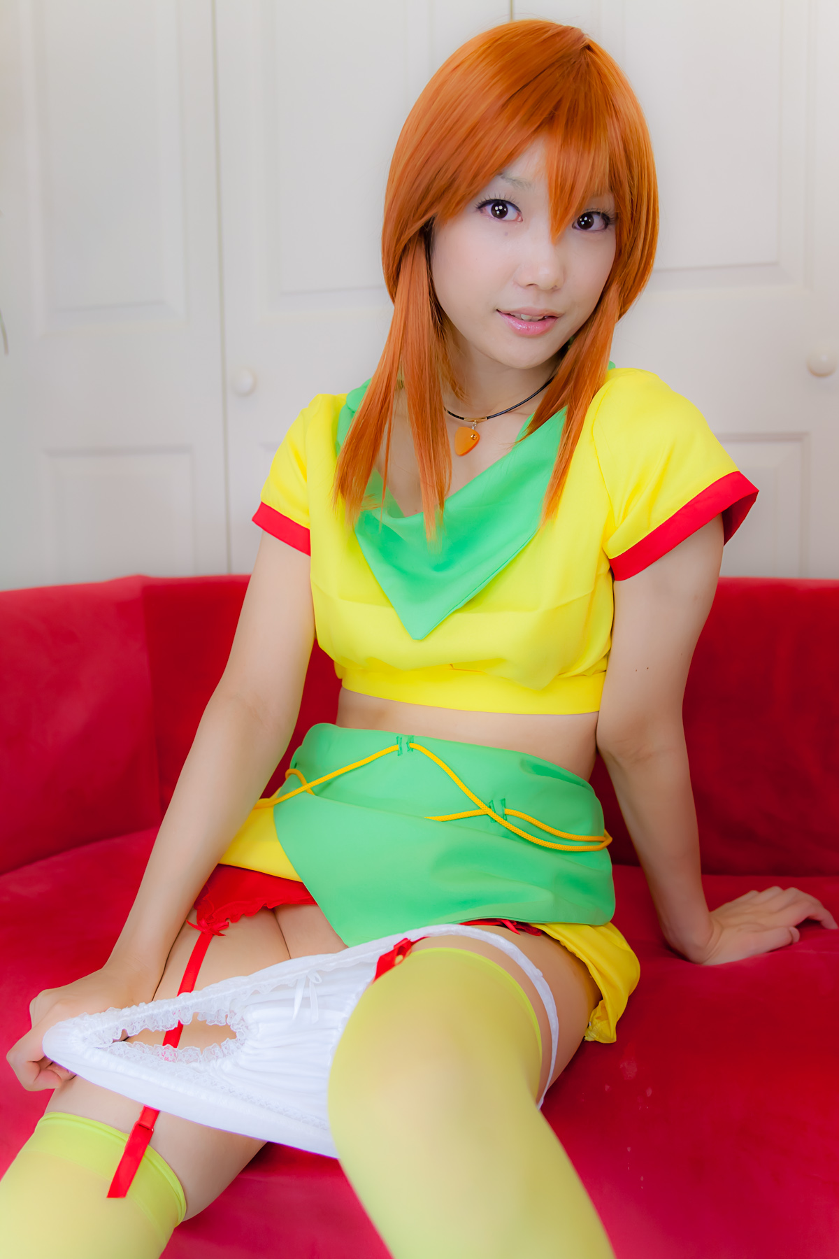 asian breasts cosplay female garter_belt long_hair midriff necklace orange_hair panties skirt solo thighhighs