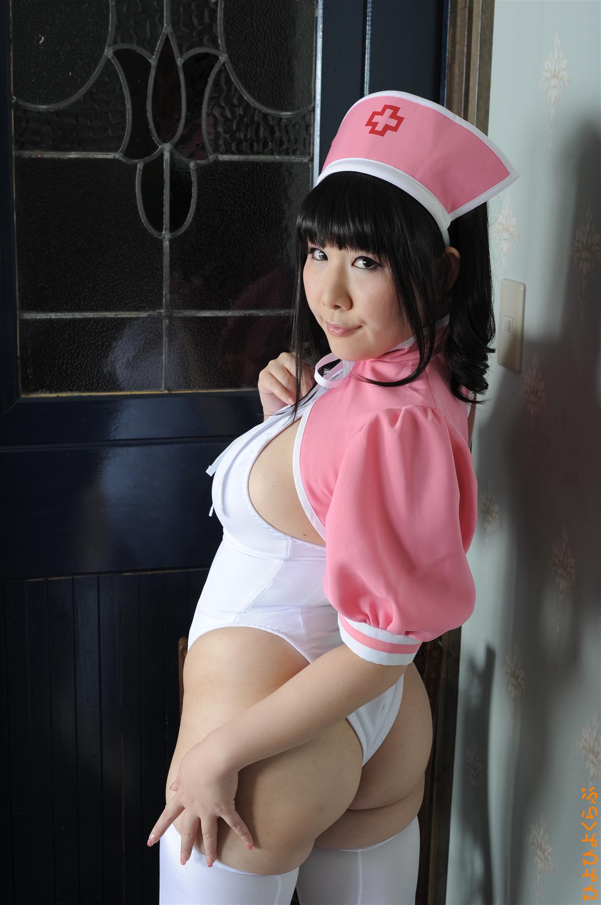 asian ass black_hair breasts cosplay female long_hair looking_back nurse solo thighhighs