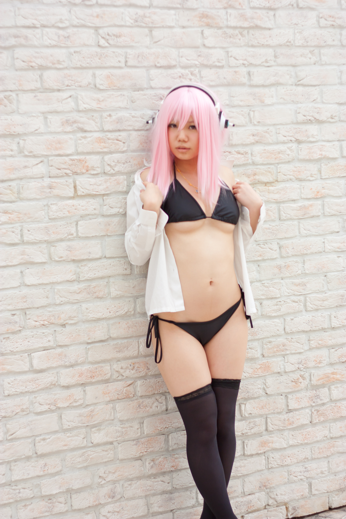 asian bikini breasts cosplay female headphones long_hair pink_hair solo