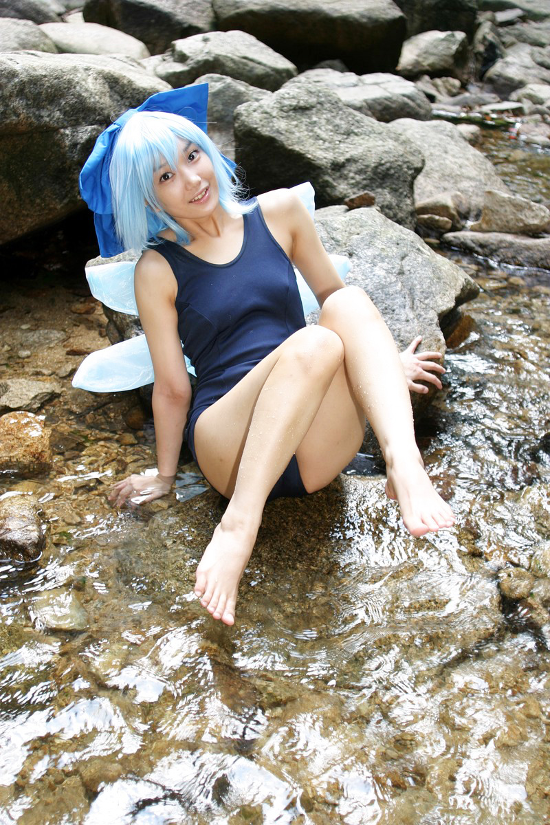 aqua_hair asian barefoot breasts female lenfried long_hair outside ribbon solo swimsuit water watermark wet wings