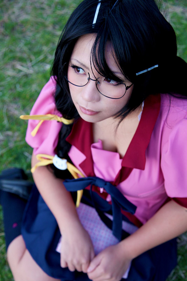 asian black_hair breasts chouzuki_maryou cosplay female glasses huge_breasts long_hair outside shoes skirt socks solo