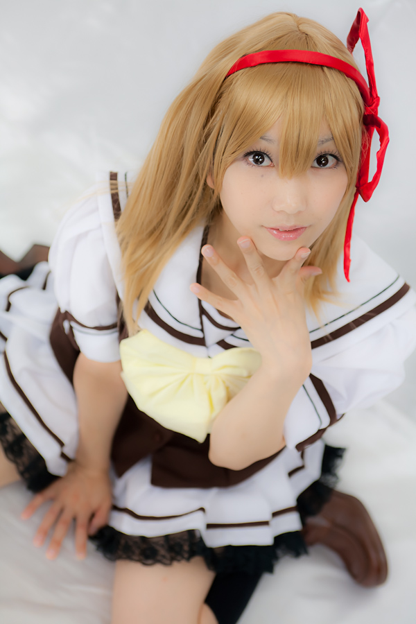 1girl asian blonde_hair cosplay female fuyou_kaede hat lenfried long_hair shuffle! skirt socks solo