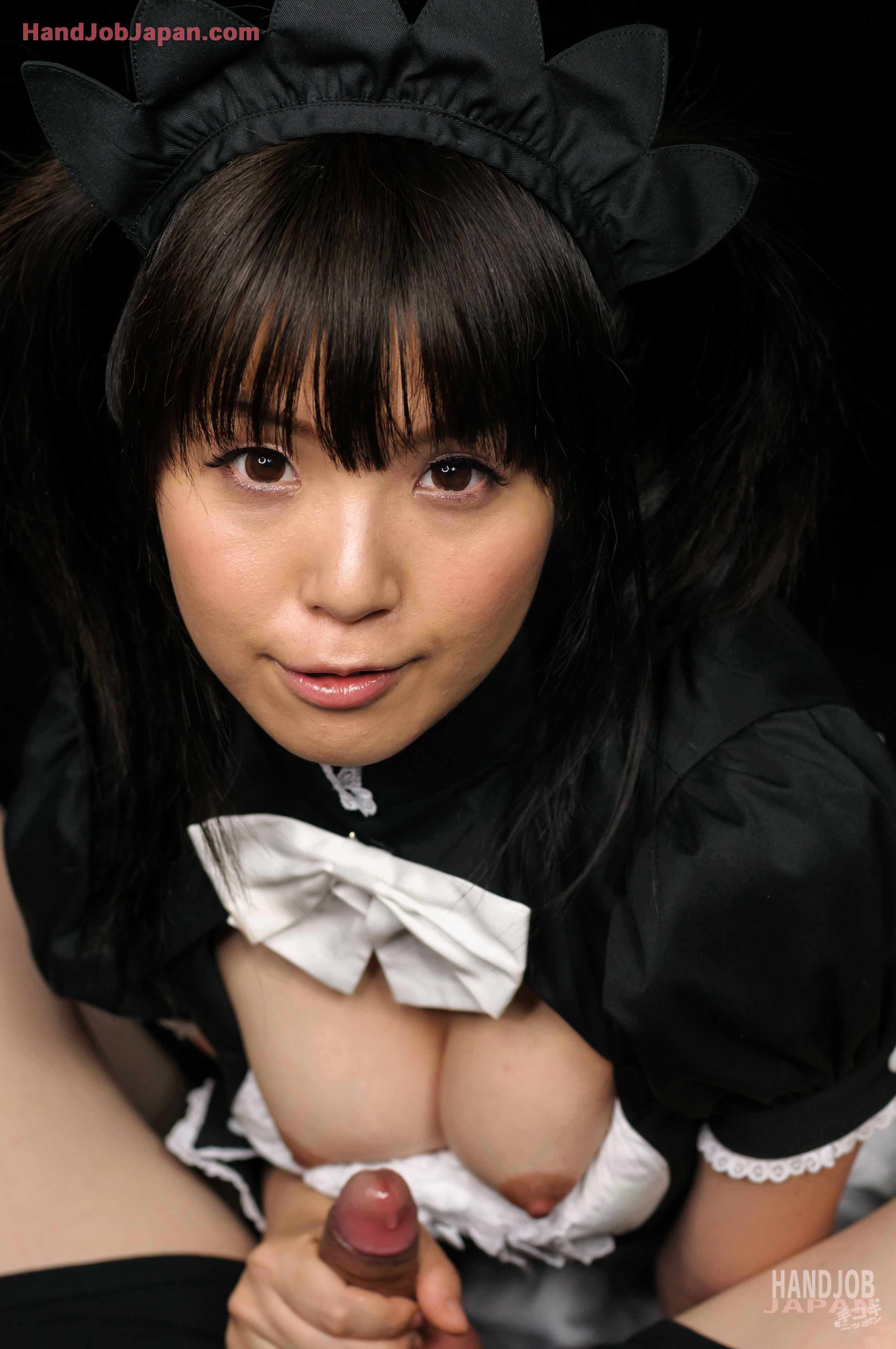 asian black_hair breasts dress long_hair maid pigtails sakura_sena simple_background watermark