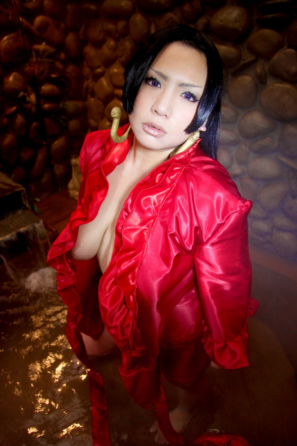 asian bed black_hair breasts chouzuki_maryou cleavage cosplay earrings female huge_breasts long_hair solo