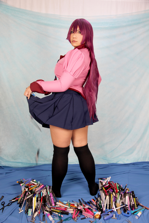asian breasts chouzuki_maryou cosplay female huge_breasts long_hair purple_hair skirt socks solo
