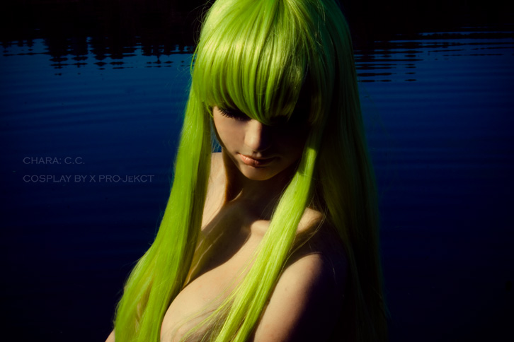 airbrushed breast breasts c.c. cc code_geass cosplay green_hair hair_over_breasts kururugi_suzako nude wading water