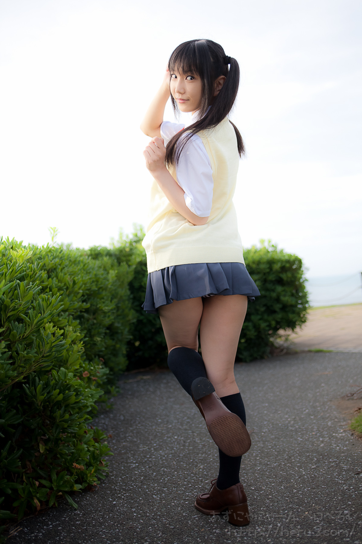 1girl asian black_hair breasts cosplay female japanese k-on! lenfried long_hair nakano_azusa outside pigtails school_uniform solo twintails watermark
