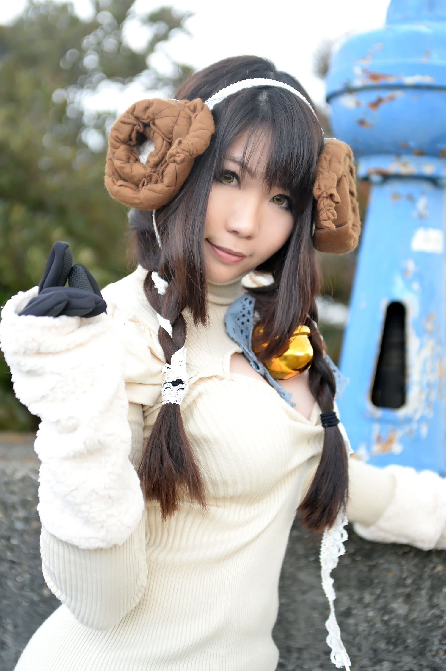 asian breasts brown_hair cosplay female horns long_hair shoes solo