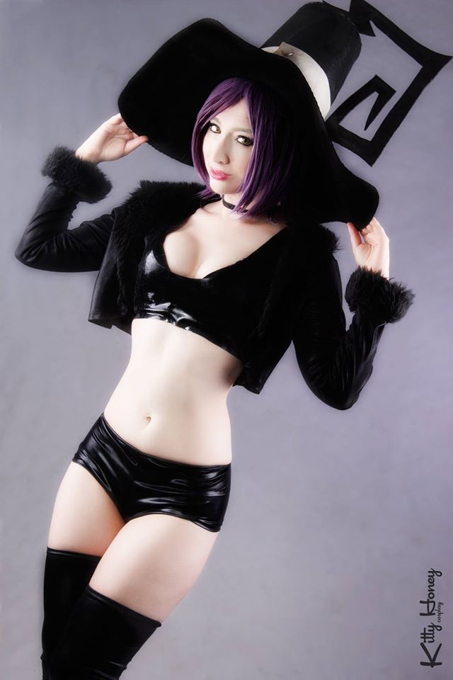 breasts cosplay female hat long_hair purple_hair solo witch