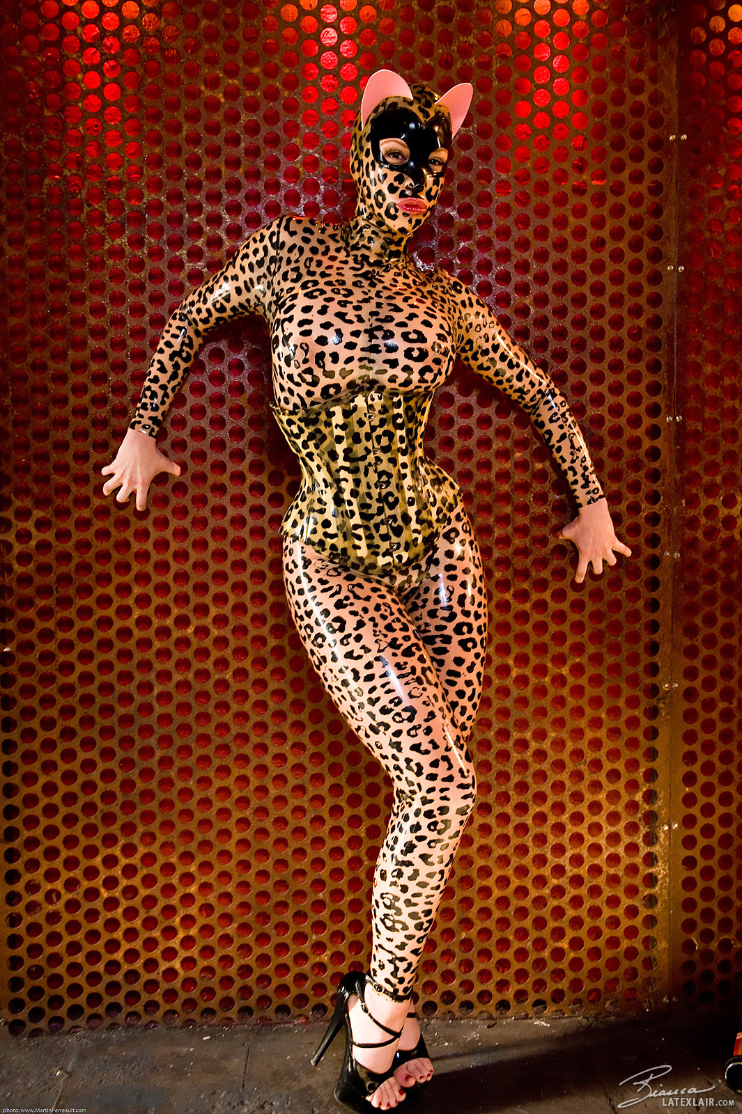 animal_ears bianca_beauchamp breasts catsuit corset female high_heels large_breasts latex leopard_print long_hair red_hair shoes solo