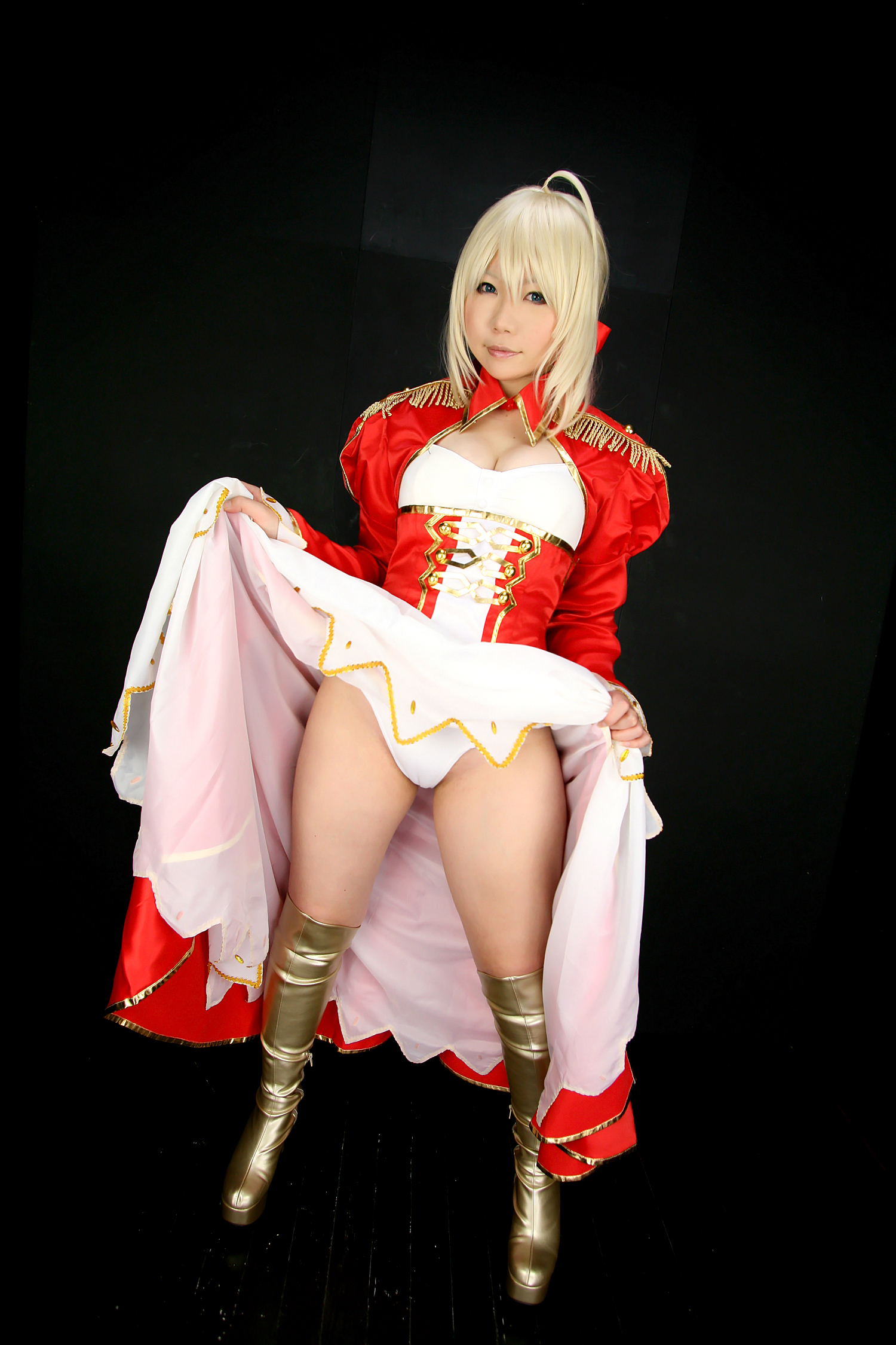 asian blonde_hair boots breasts cosplay dress female high_heels long_hair panties solo