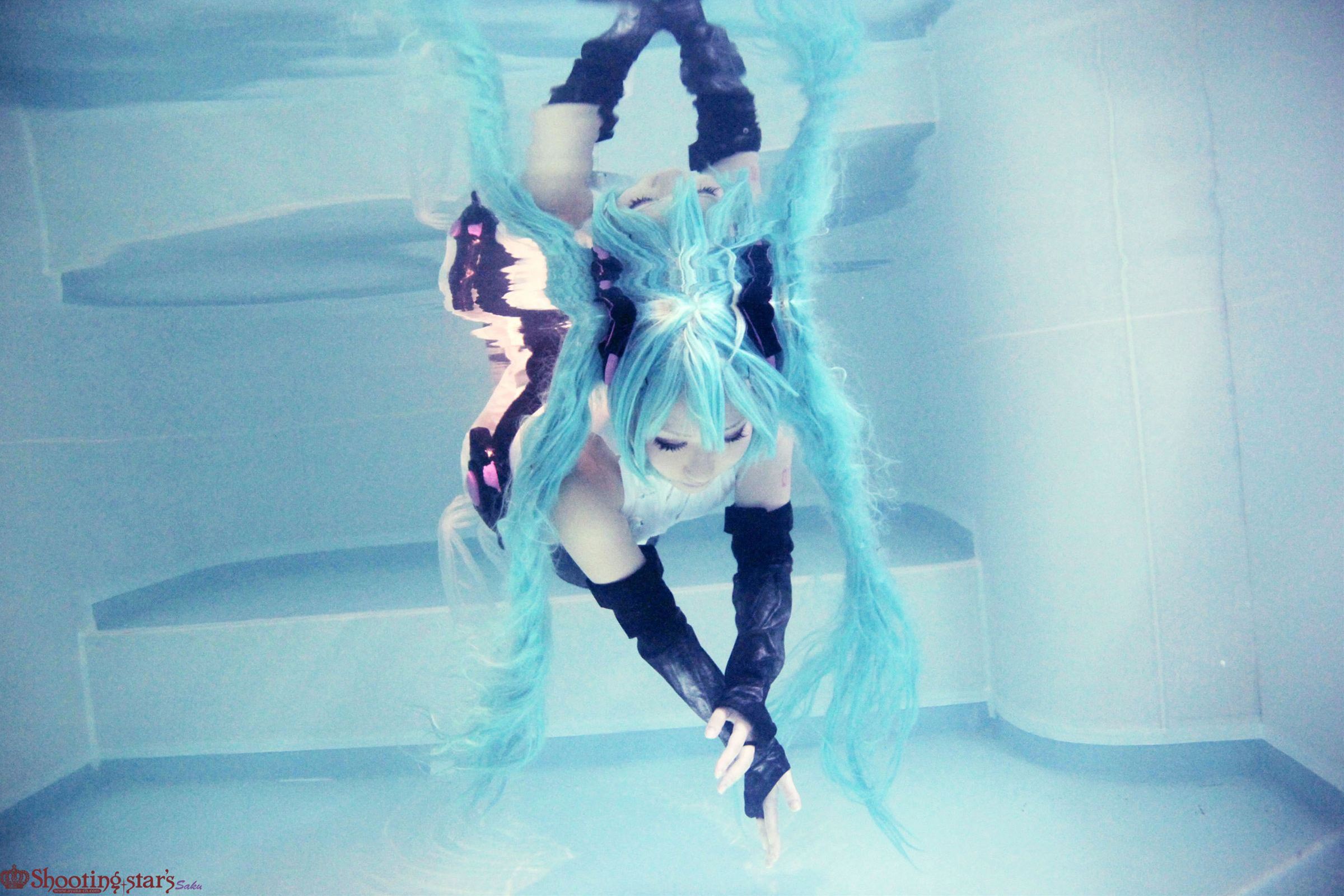 aqua_hair asian breasts elbow_gloves female gloves large_breasts long_hair pigtails shooting_star solo watermark