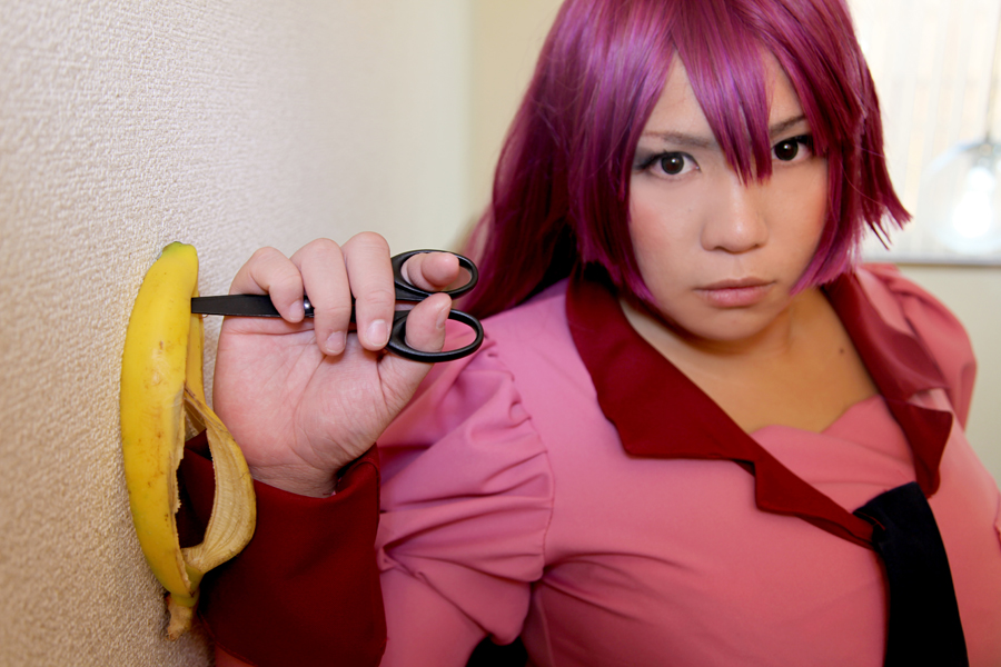 asian banana breasts chouzuki_maryou cosplay female huge_breasts long_hair necktie purple_hair skirt socks solo stairs