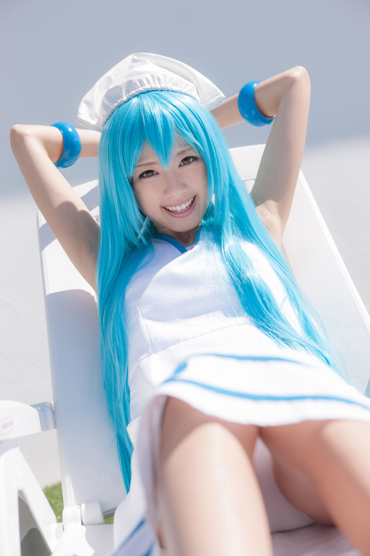 asian blue_hair breasts cosplay dress female hat long_hair outside smile solo