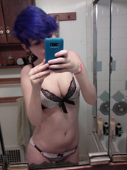 bathroom blue_hair bra cleavage mirror panties photo selfpic teen