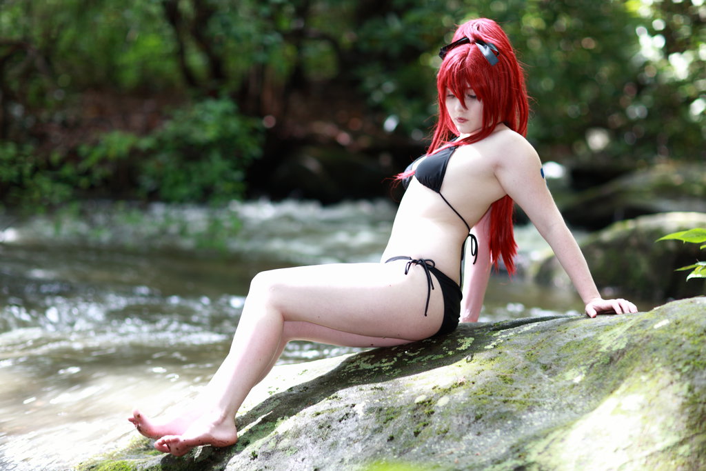 bikini breasts cosplay erza_scarlet fairy_tail female foxycosplay long_hair outside red_hair solo tagme