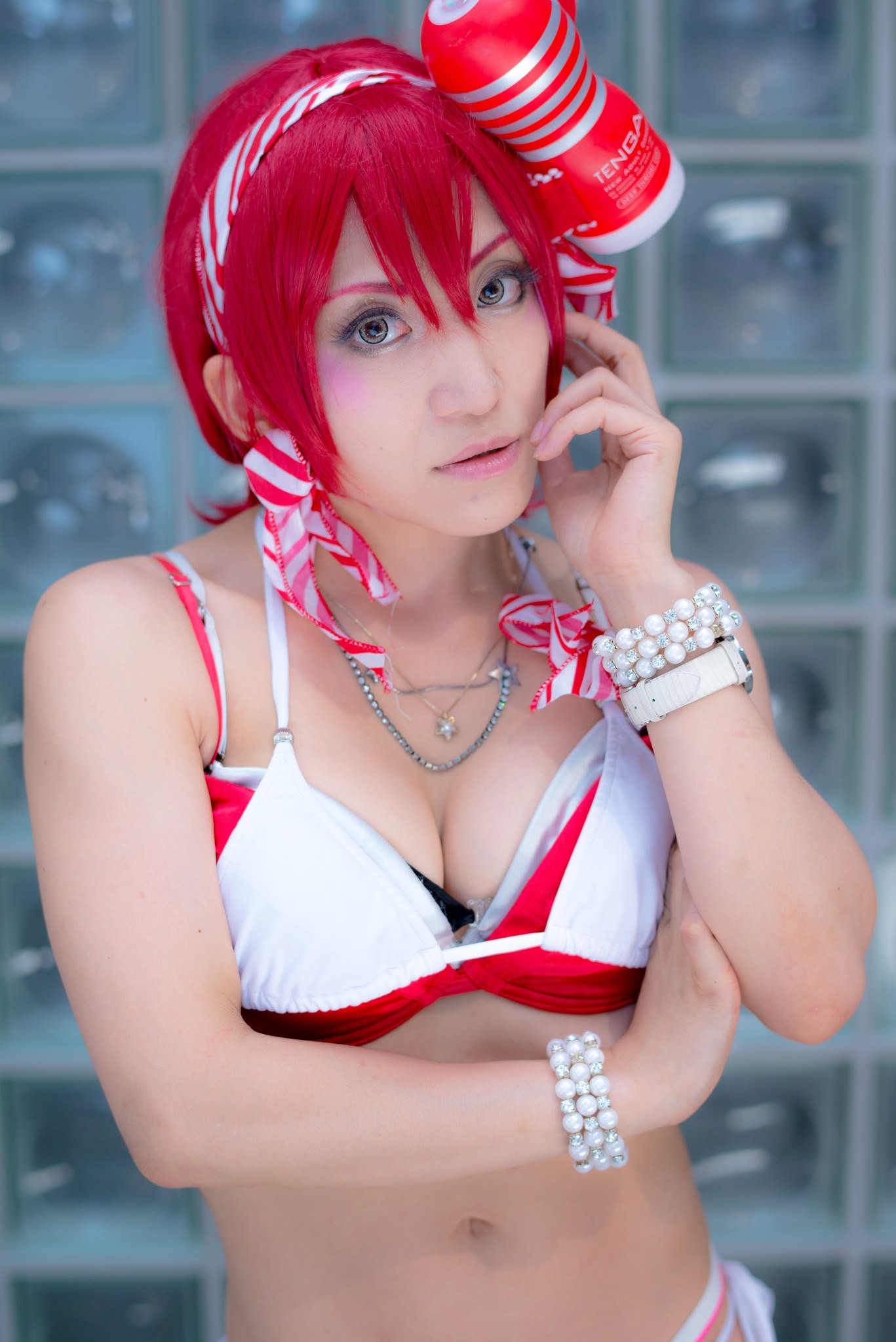 asian bra breasts cleavage cosplay female midriff navel necklace panties red_hair short_hair solo thighhighs