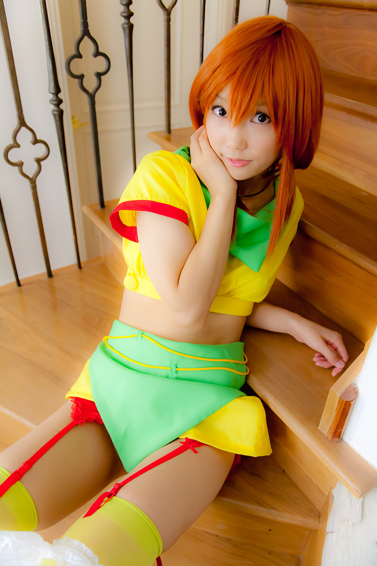 asian breasts cosplay female garter_belt long_hair midriff necklace orange_hair panties skirt solo thighhighs