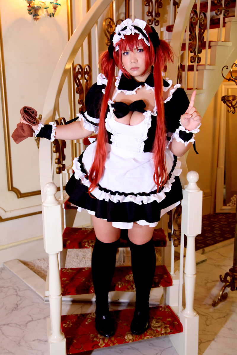 asian breasts chouzuki_maryou dress female huge_breasts long_hair maid plump red_hair shoes socks solo watermark