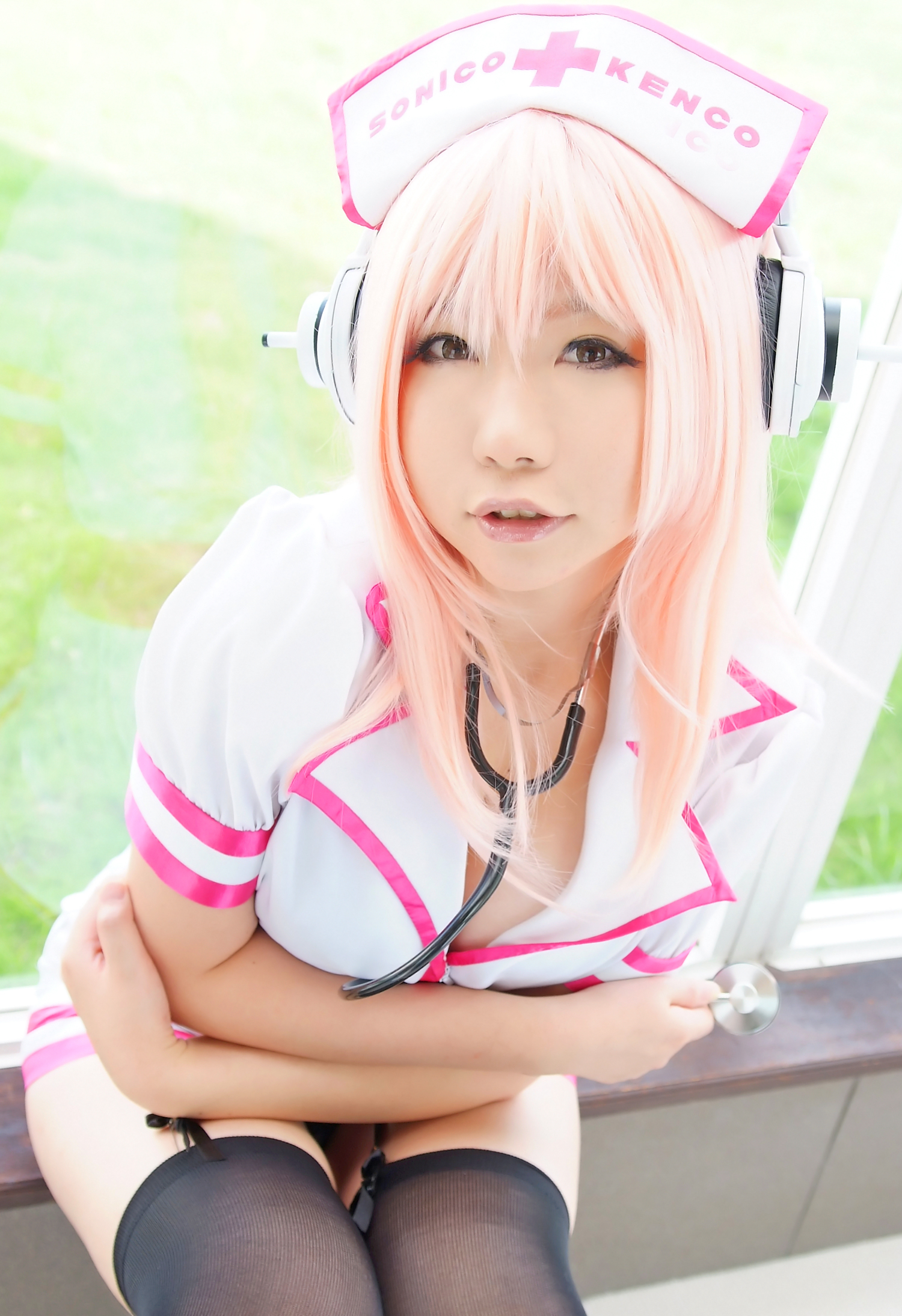 asian breasts female headphones high_heels long_hair pink_hair shoes skirt solo