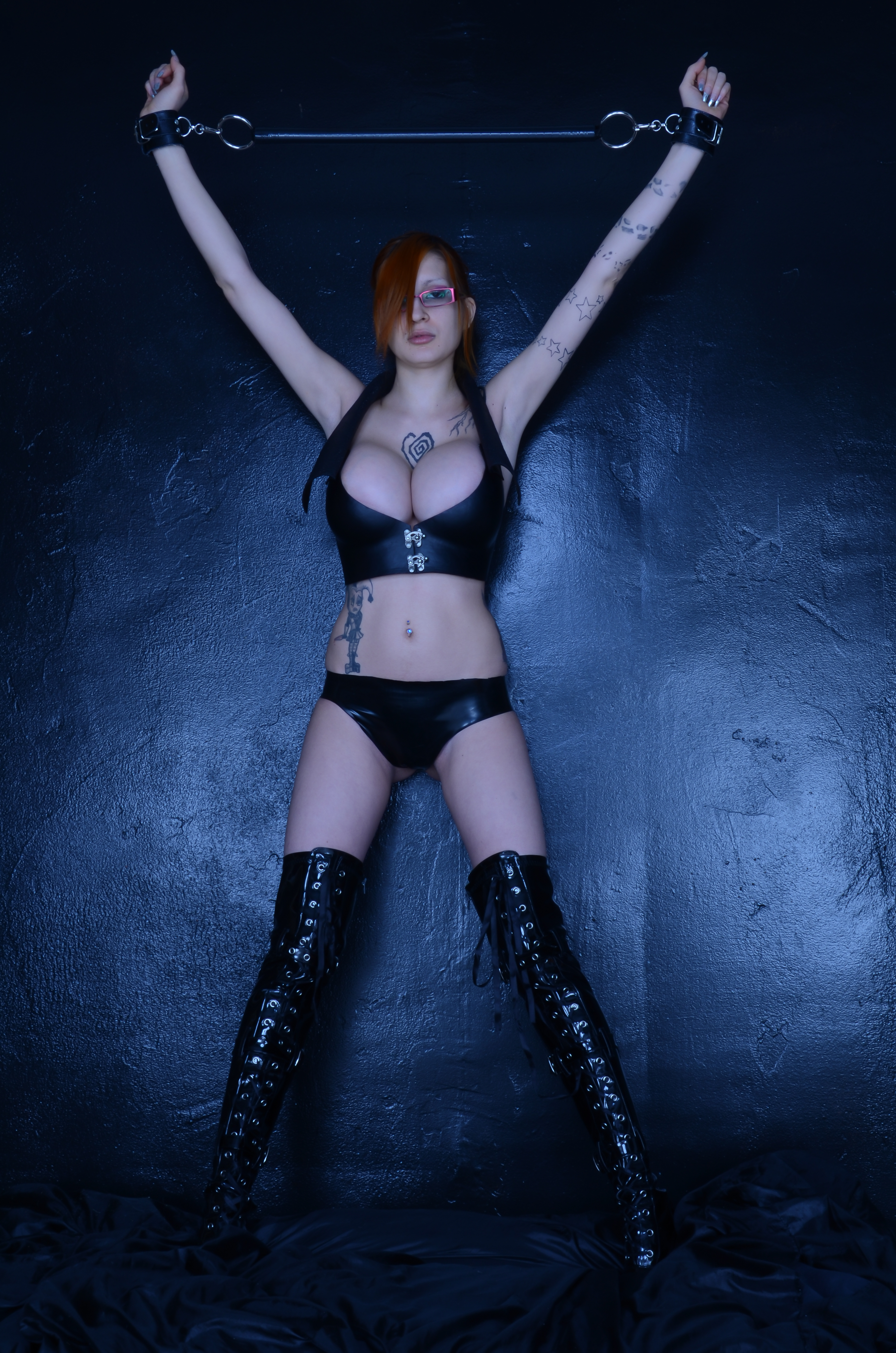 ariane_saint-amour breasts fake_breasts female high_heels huge_breasts latex long_hair red_hair shoes solo tattoo