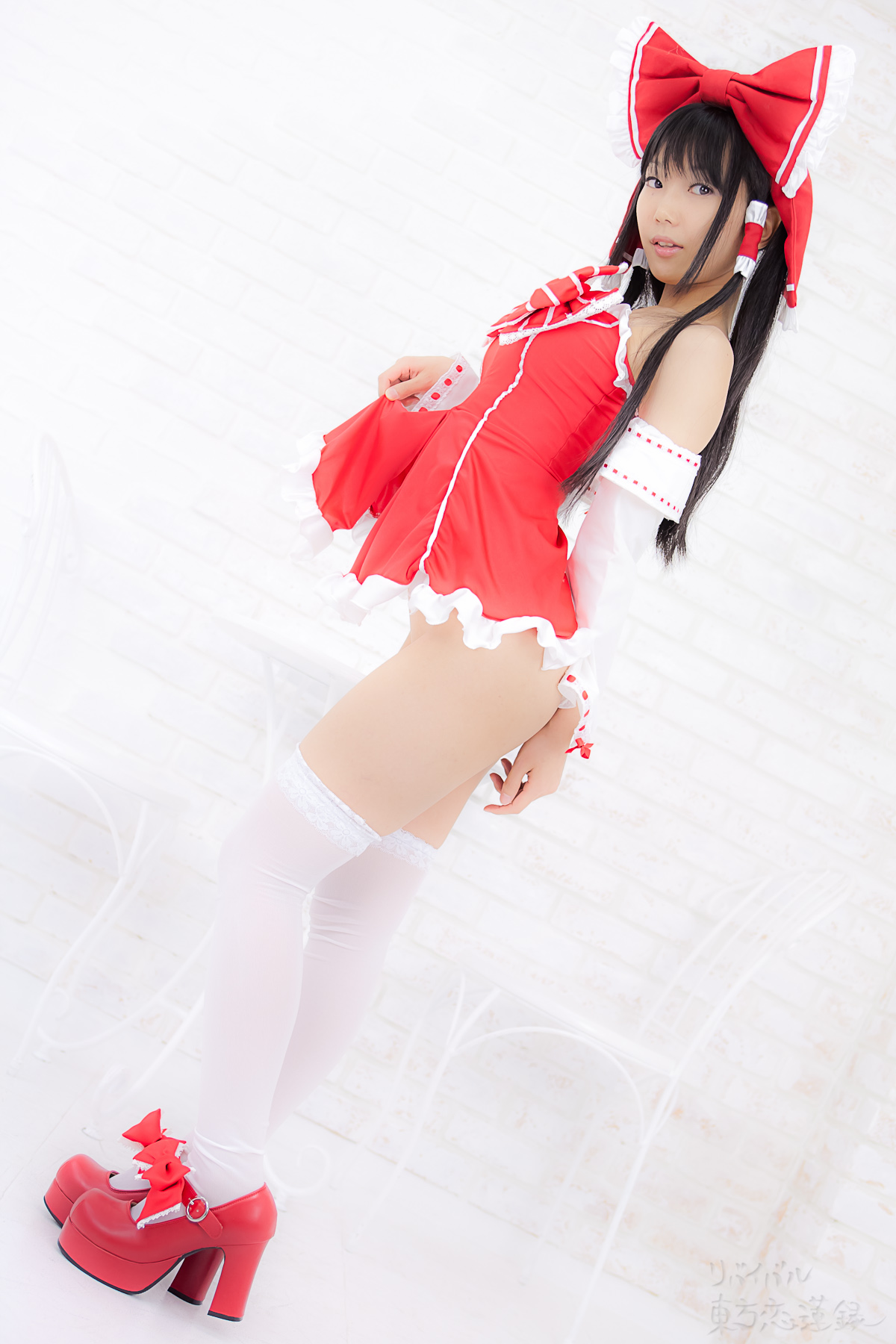 asian black_hair breasts cosplay dress female long_hair no_panties shoes solo thighhighs