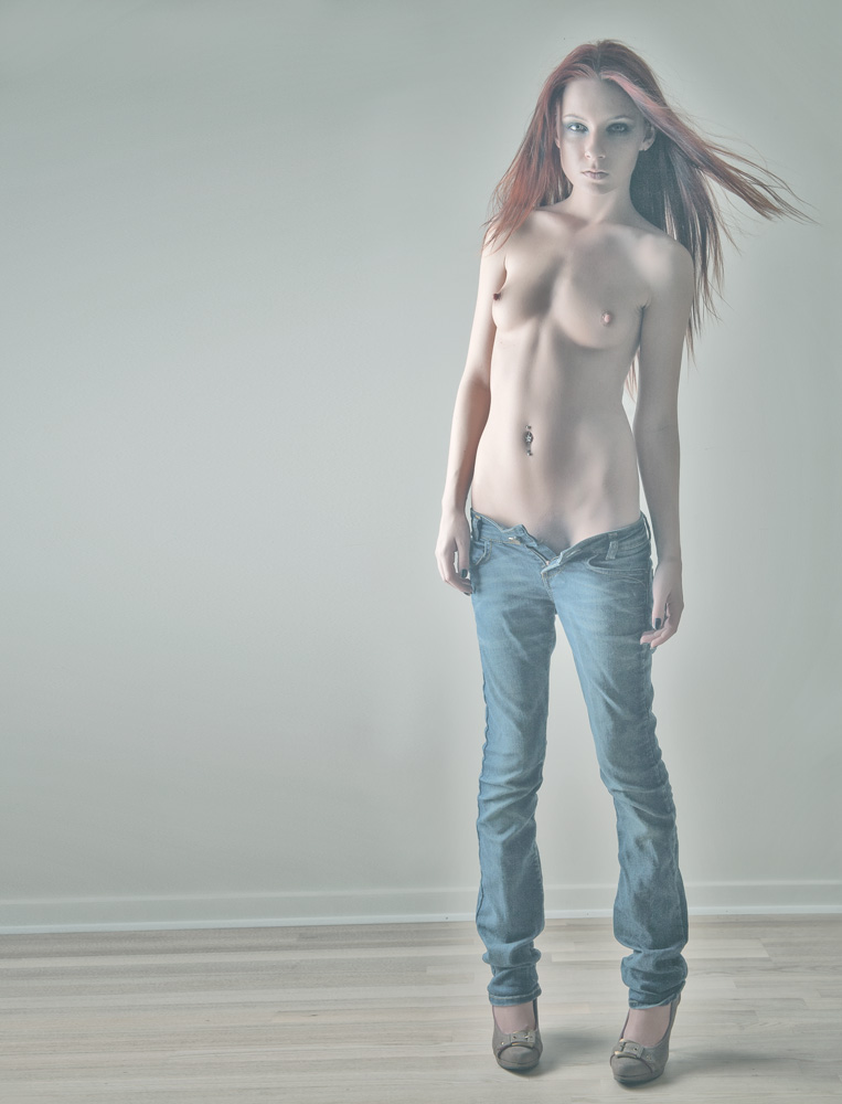 breasts denim female high_heels jeans navel_piercing nipples piercing red_hair solo unzipped