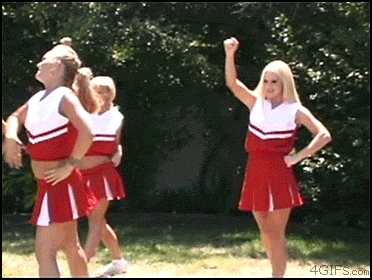4girls animated ass blonde_hair cheerleader clothed female female_only gif mooning no_panties outside skirt_lift white