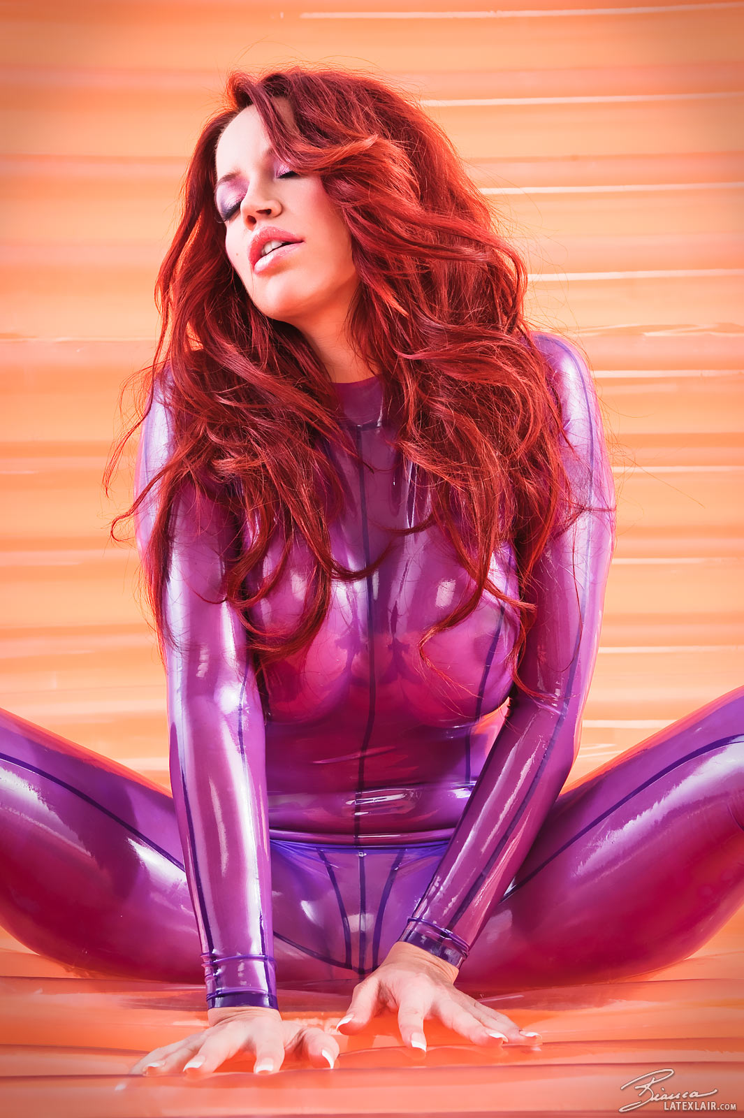 bianca_beauchamp bodysuit breasts female large_breasts long_hair red_hair see-through solo watermark