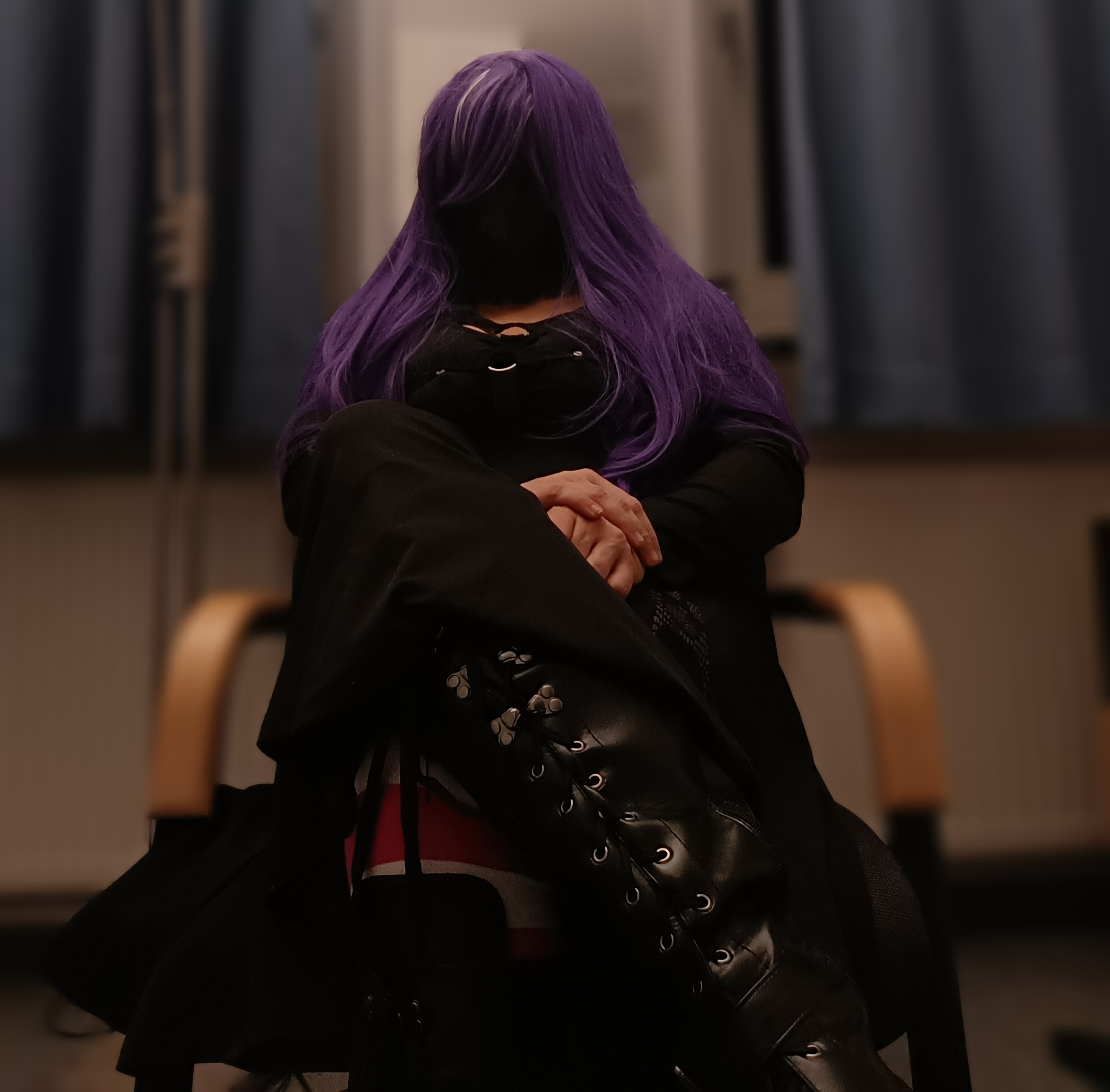 black_dress boots dress gay gaybimbobitch hex_maniac mask masked_male purple_hair striped_legwear striped_socks thick trap we_got_hex_maniac_at_home