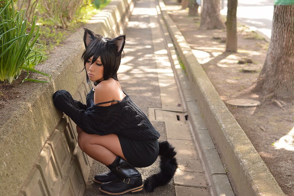 animal_ears asian black_hair breasts cat_ears female high_heels long_hair nonsummerjack shoes solo