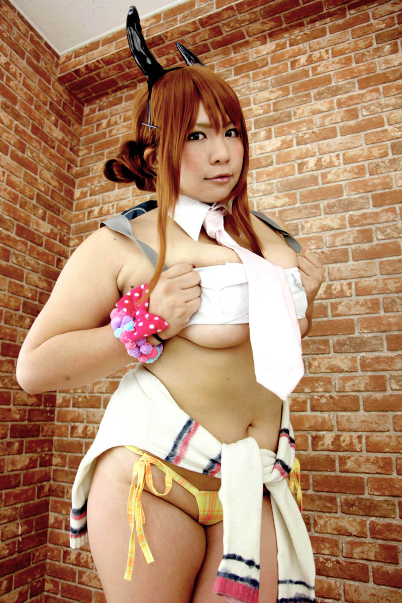 asian breasts brown_hair chouzuki_maryou cleavage cosplay female horns huge_breasts long_hair solo