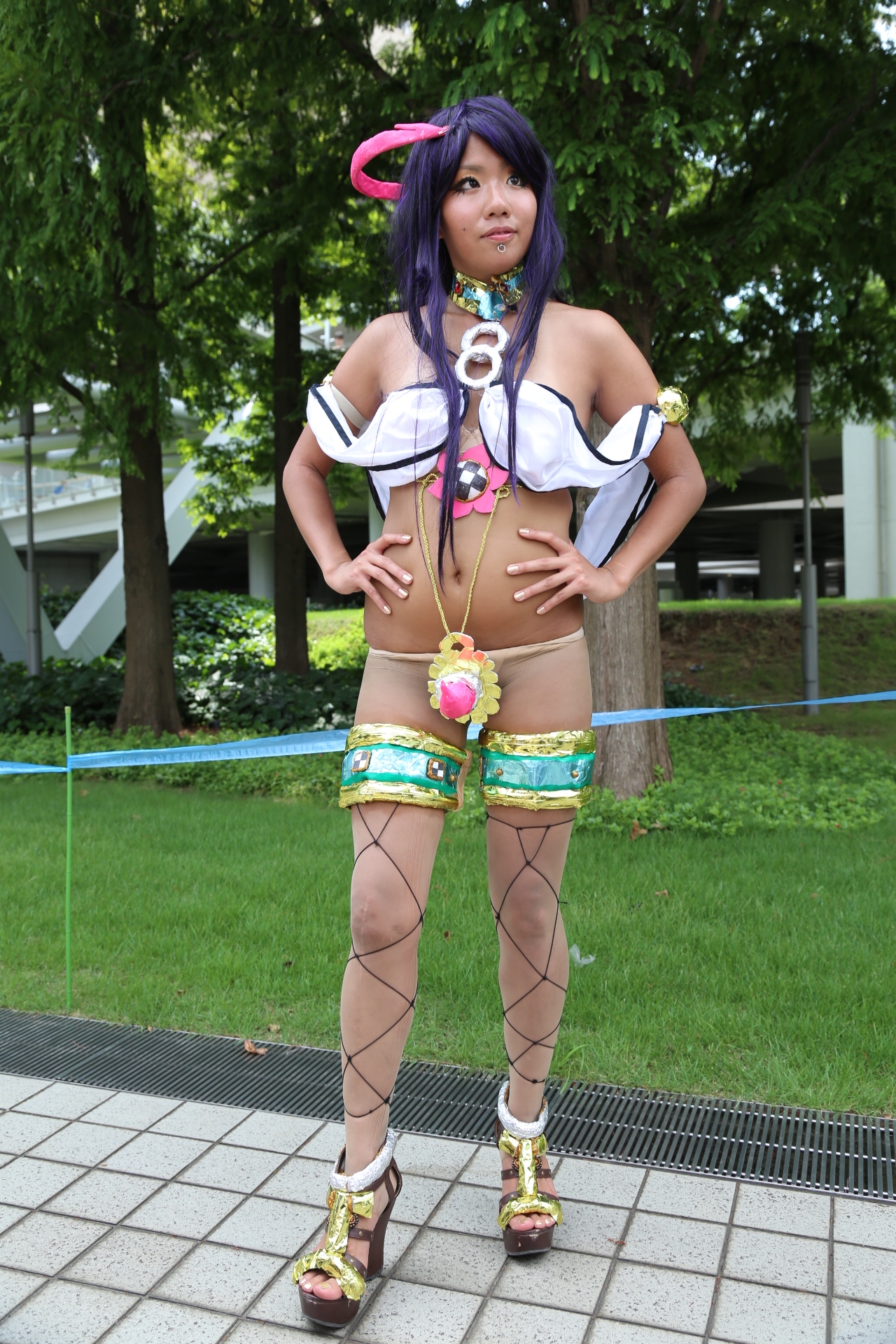 asian bare_shoulders breasts cosplay female high_heels long_hair midriff navel outside piercing purple_hair shoes solo