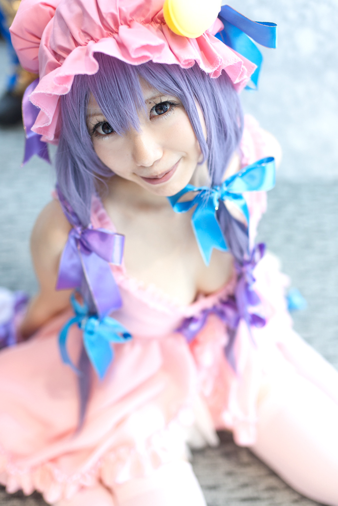 asian cleavage cosplay dress gloves hat patchouli_knowledge photo purple_hair real real_person stockings tenshi_myu touhou