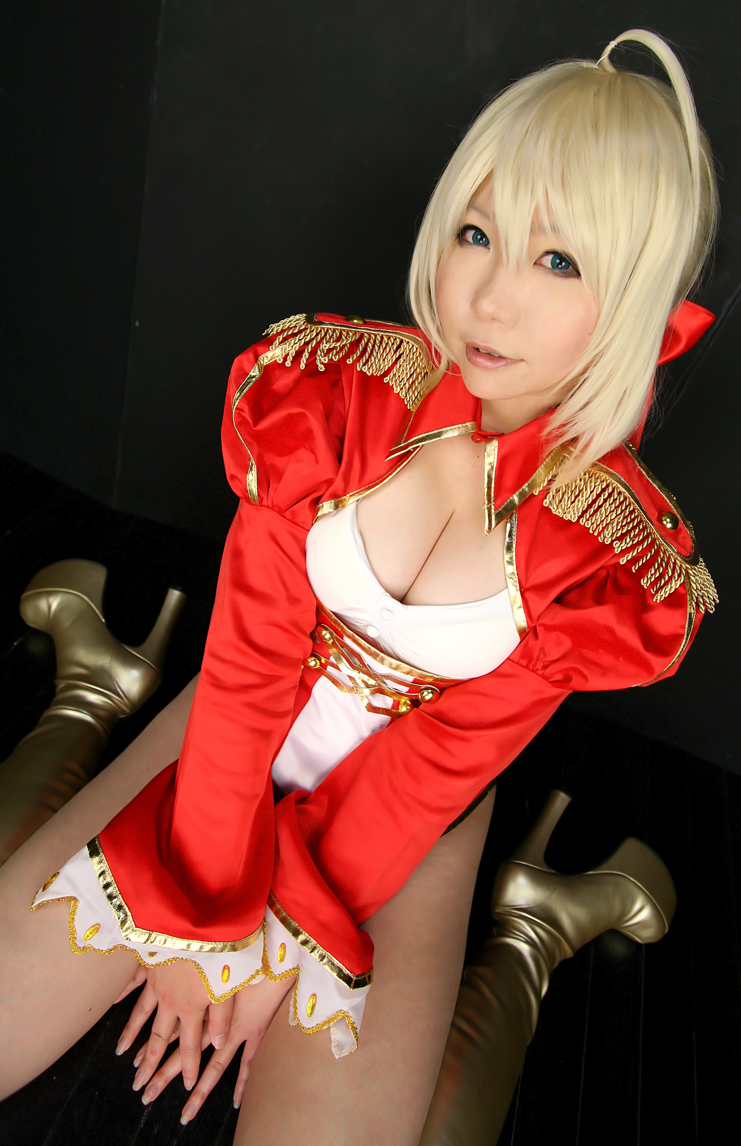 asian blonde_hair boots breasts cosplay dress female high_heels long_hair panties solo