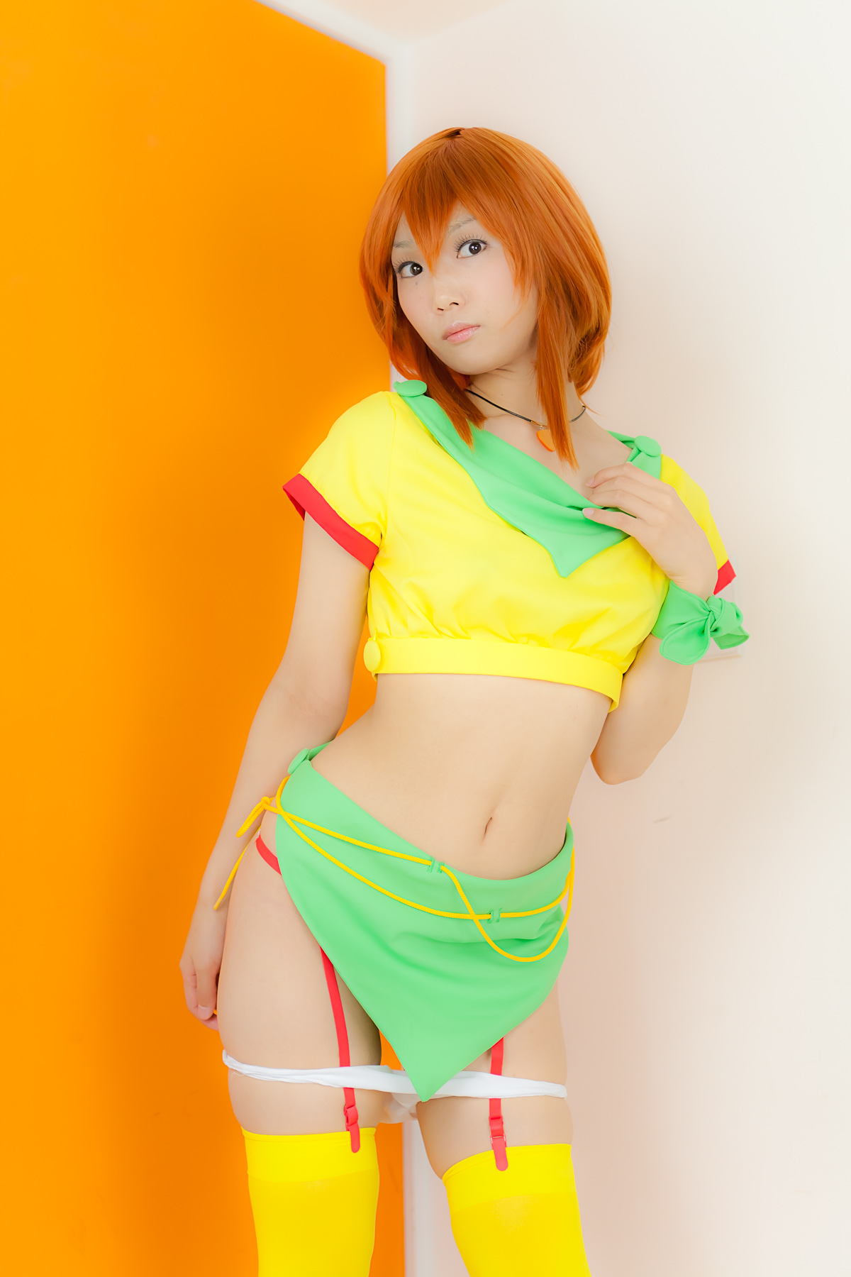 asian breasts cosplay female garter_belt long_hair midriff necklace orange_hair panties skirt solo thighhighs