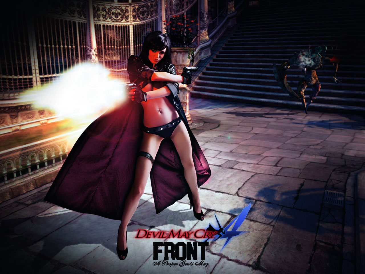 breasts capcom cosplay dante devil_may_cry devil_may_cry_4 genderswap gun photo topless trench_coat trenchcoat vikki_blows weapon