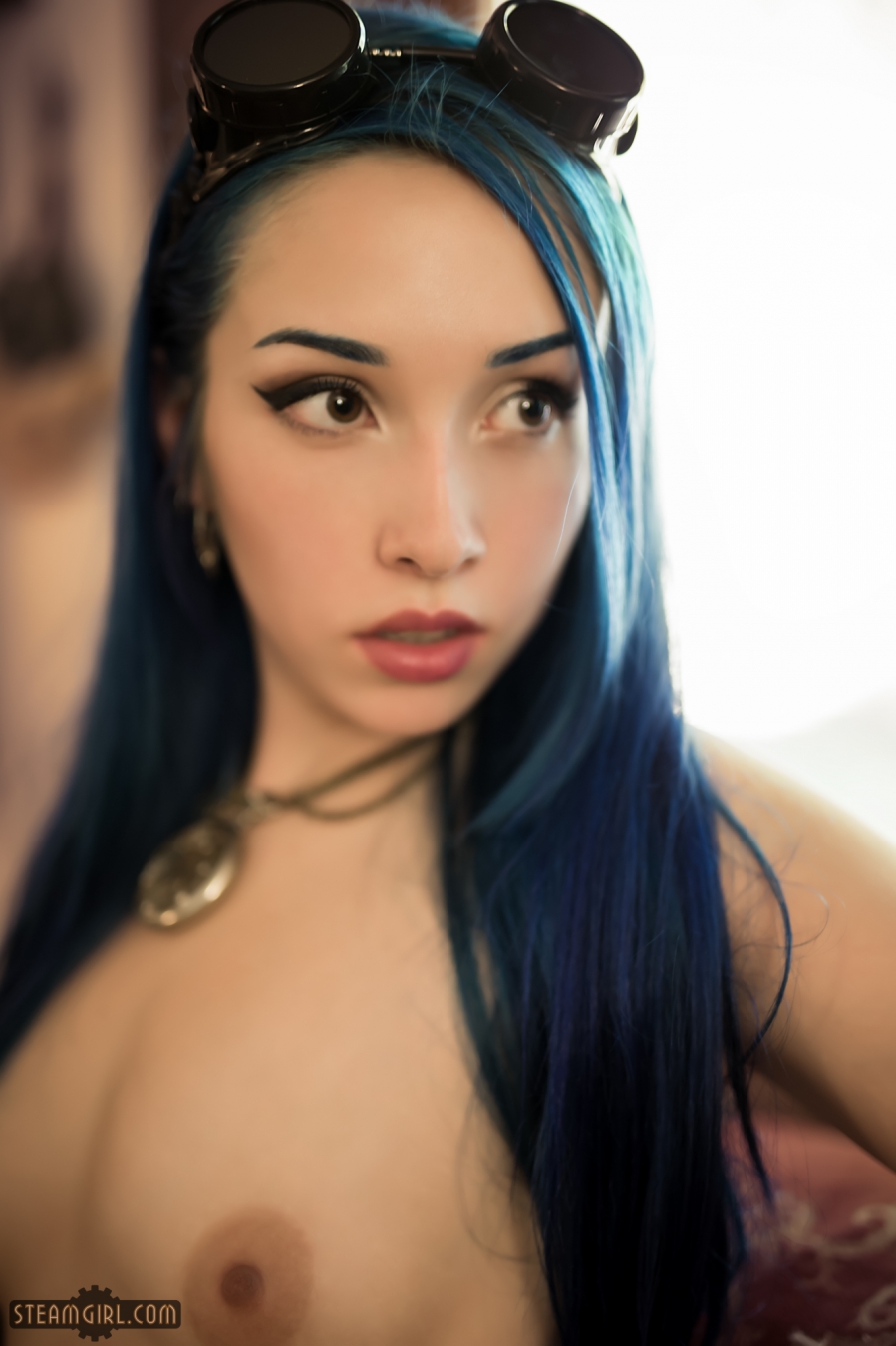 1girl blue_hair breasts eyeliner female goggles long_hair necklace nipples solo steamgirl tattoo watermark