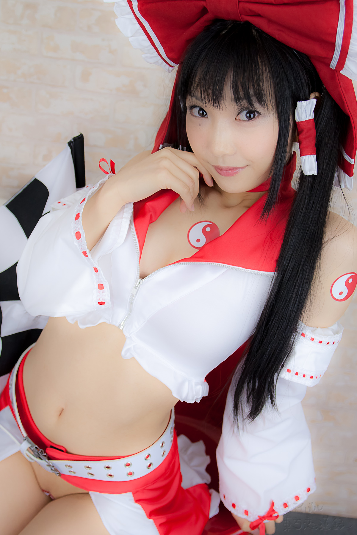 asian belt black_hair breasts cosplay female high_heels long_hair midriff shoes solo thighhighs