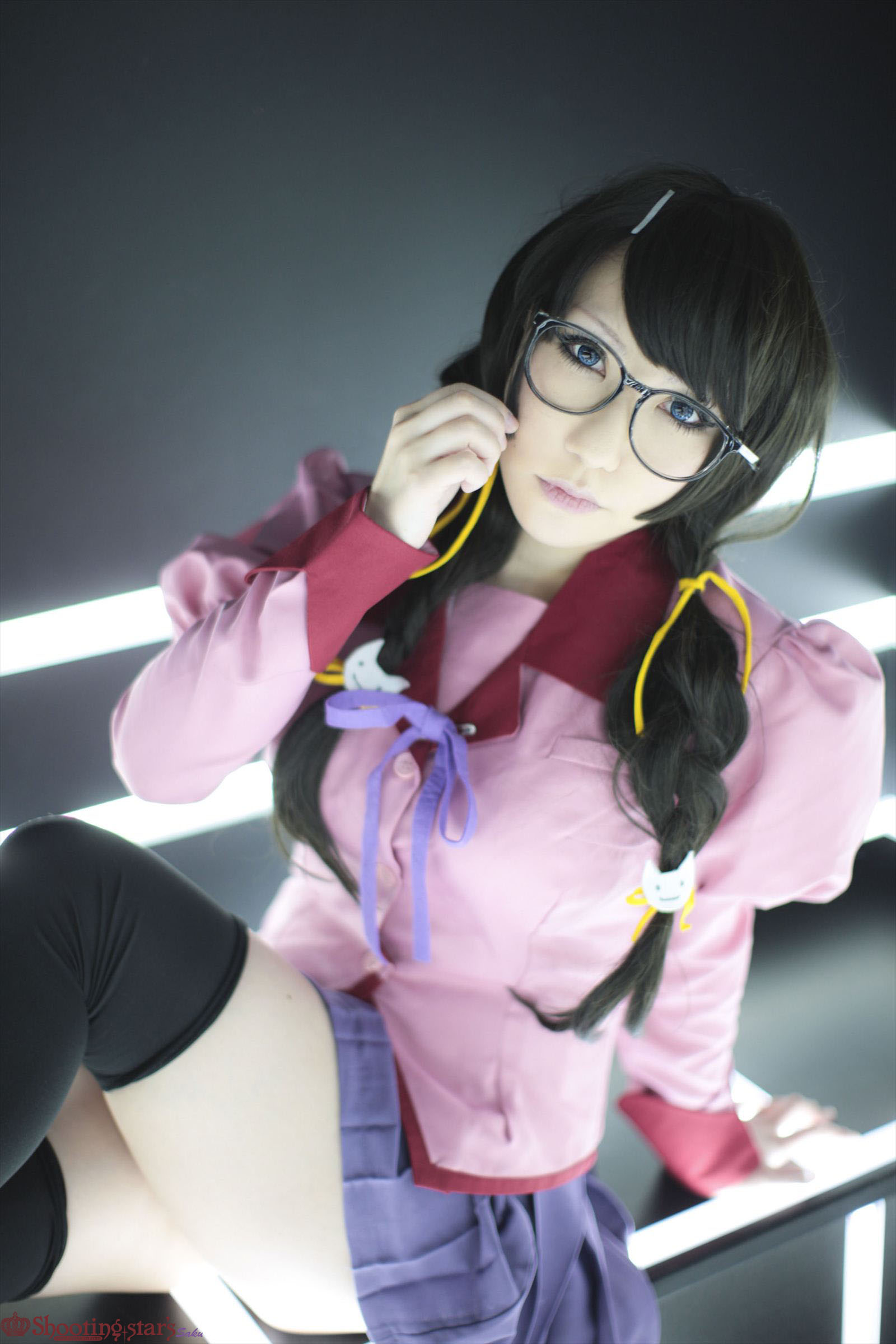 asian black_hair breasts cosplay female glasses high_heels kneehighs long_hair shoes shooting_star skirt solo watermark