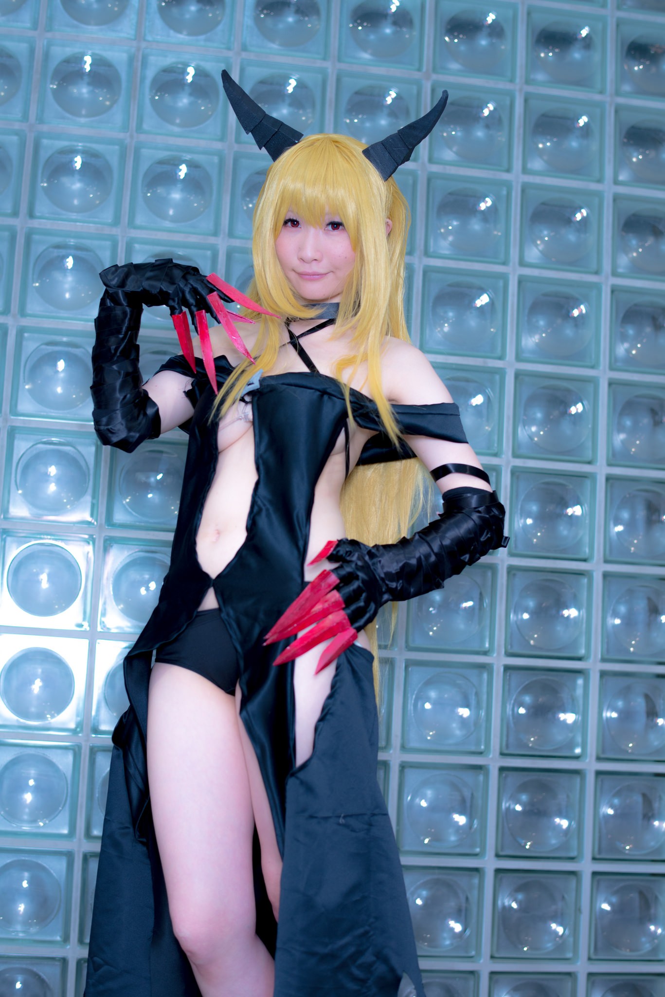 asian bare_shoulders blonde_hair breasts cleavage cosplay female gloves horns long_hair navel solo