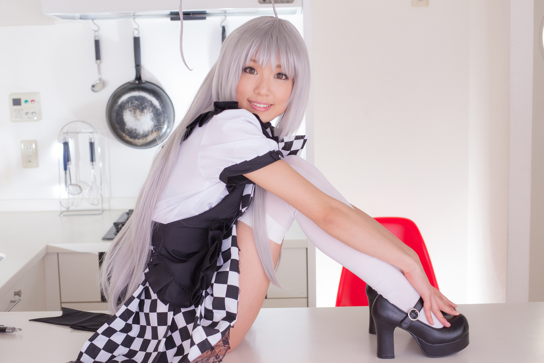 apron asian breasts cosplay female grey_hair high_heels long_hair panties shoes skirt solo thighhighs