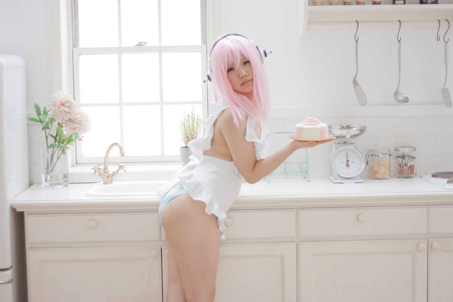 apron asian breasts cosplay female headphones kitchen long_hair panties pink_hair solo