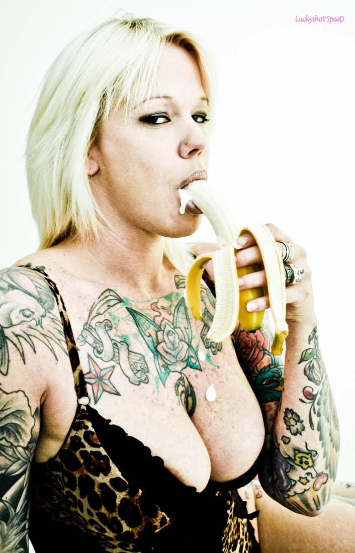 banana breasts english_text female milk mrswhitetrash solo tattoo white_trash
