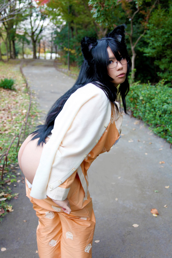 asian black_hair breasts chouzuki_maryou cosplay female glasses huge_breasts long_hair outside pajamas shoes solo