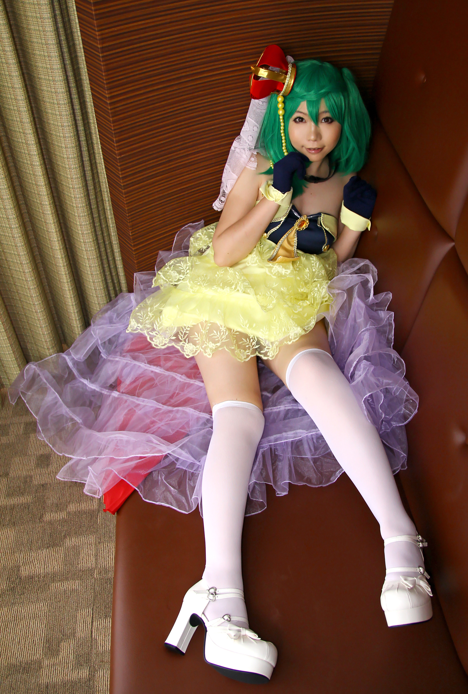 asian bare_shoulders breasts female gloves green_hair hat high_heels long_hair rin_higurashi shoes skirt socks solo
