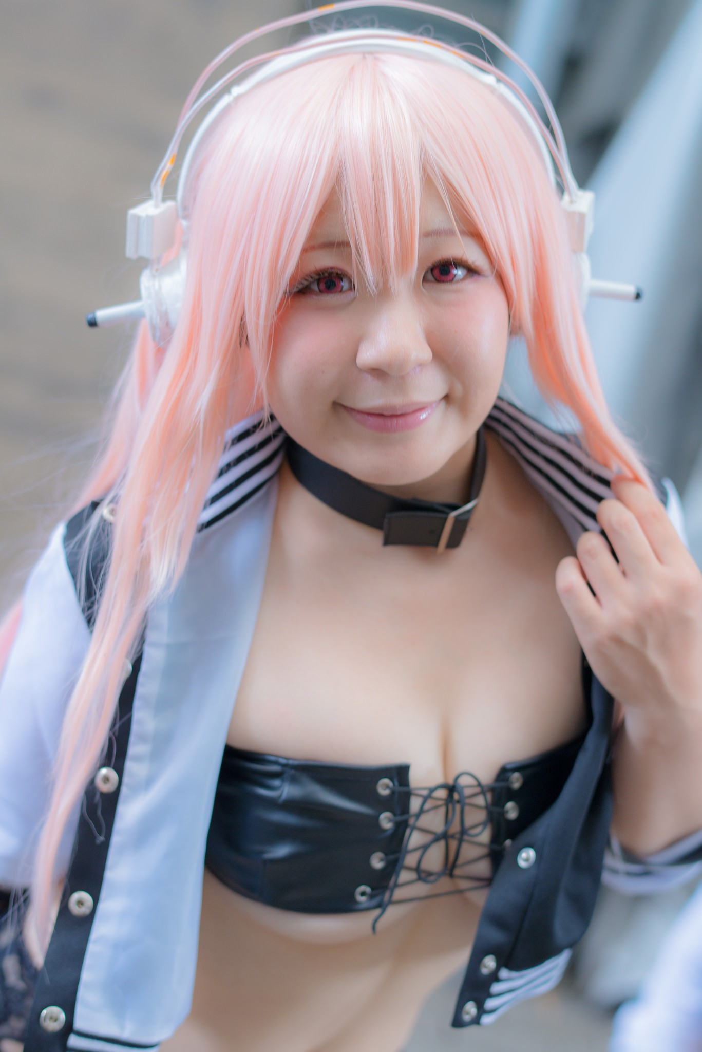 asian breasts cleavage collar cosplay female headphones large_breasts long_hair midriff navel pink_hair solo super_sonico