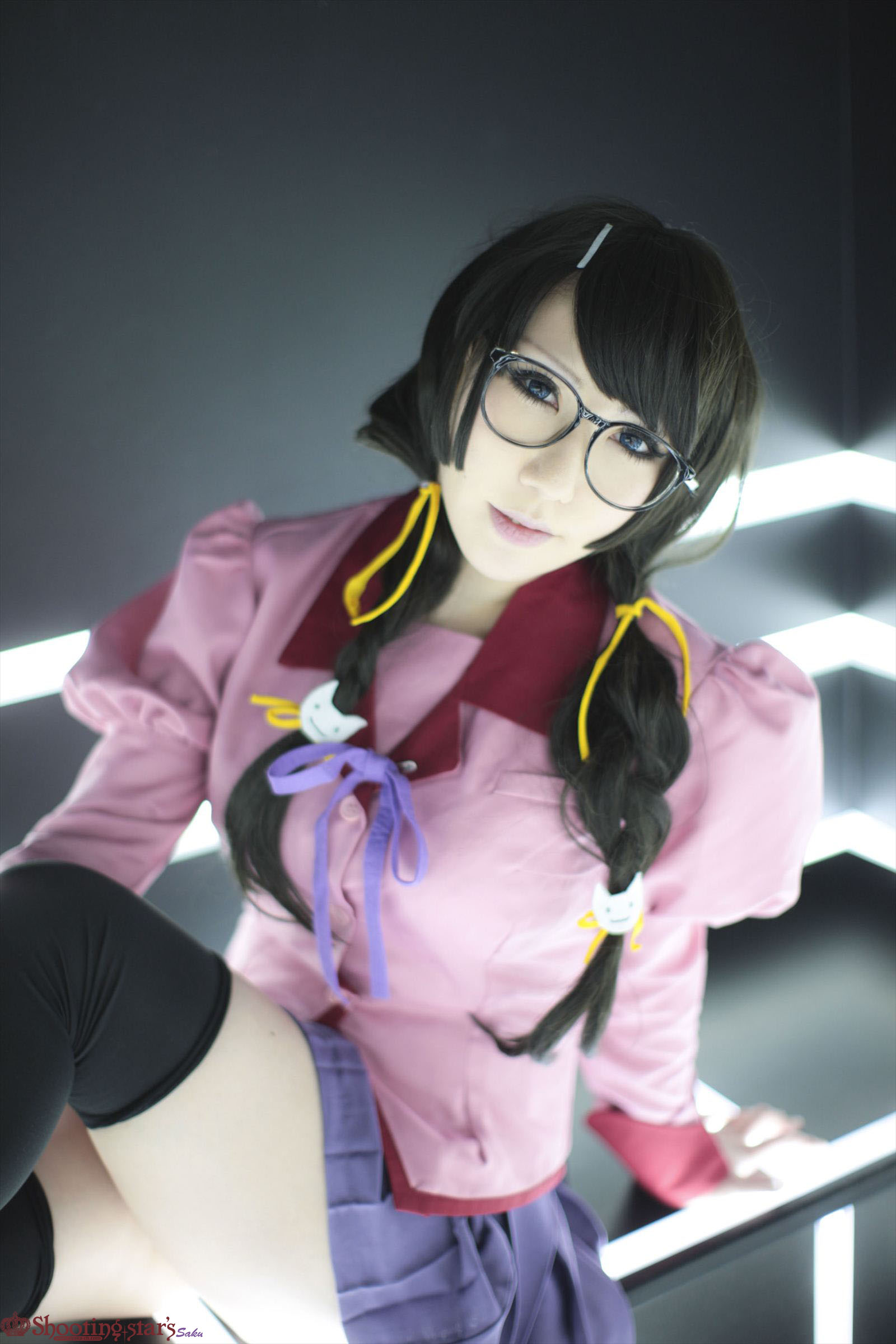 asian black_hair breasts cosplay female glasses high_heels kneehighs long_hair shoes shooting_star skirt solo watermark