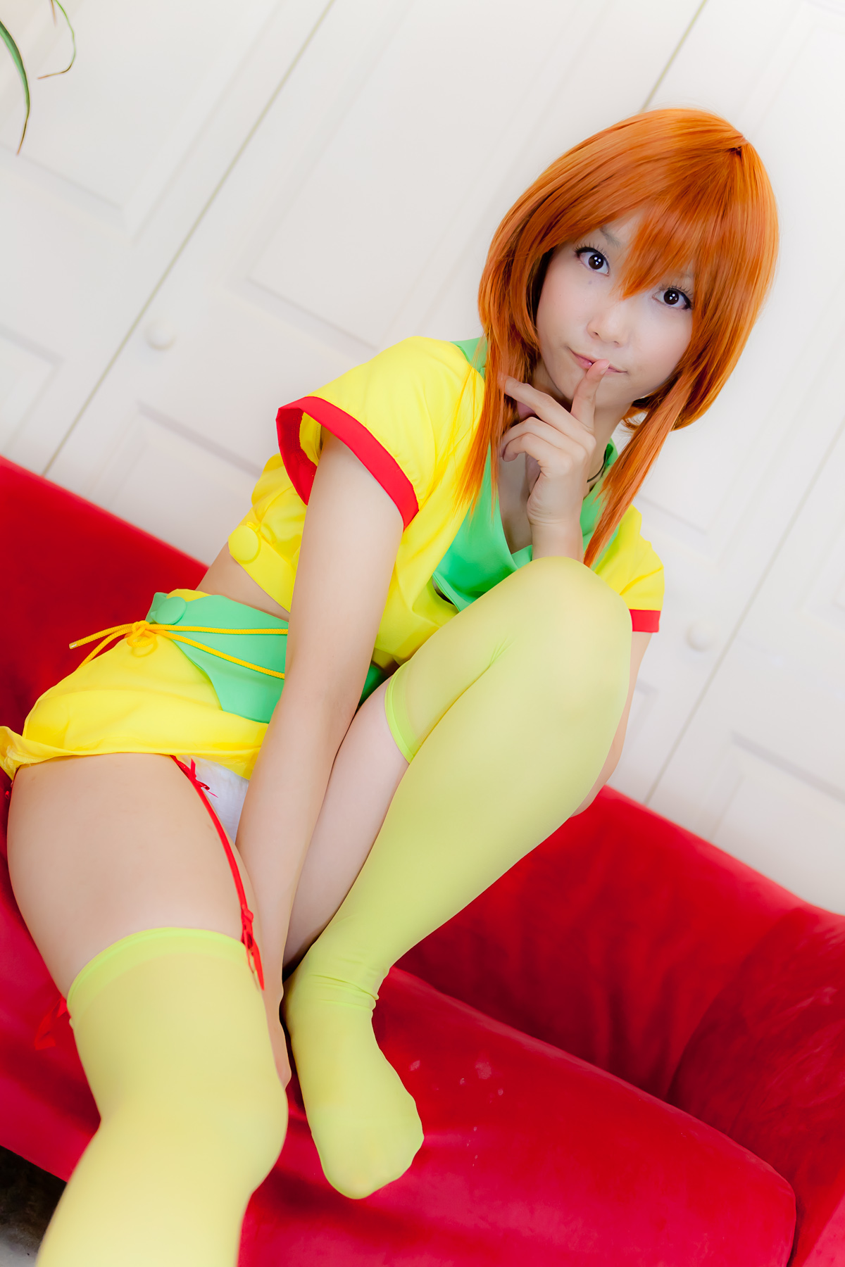 asian breasts cosplay female garter_belt long_hair midriff necklace orange_hair panties skirt solo thighhighs